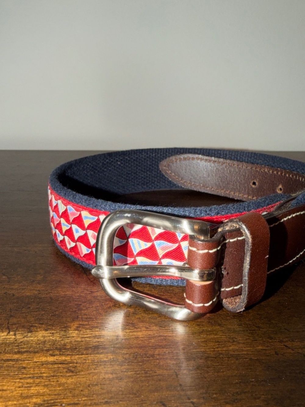 Vineyard Vines Boys Canvas Leather Belt Flags Red Nautical Size 24